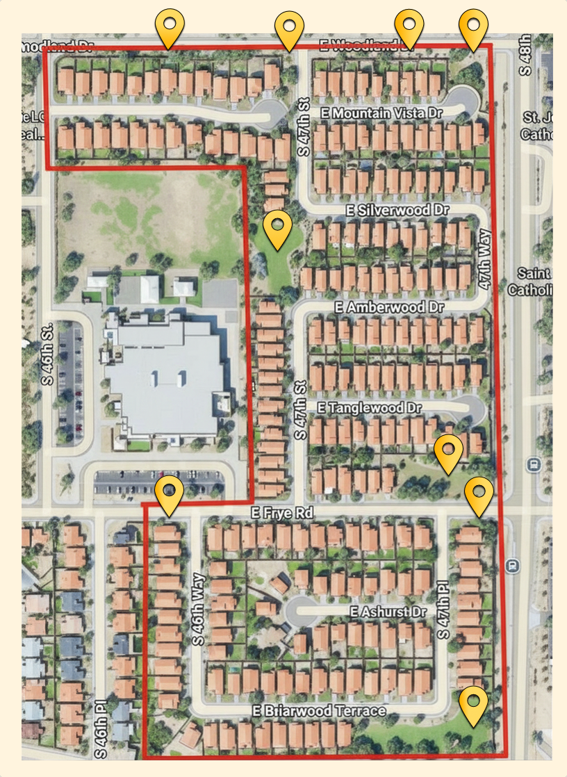 Map showing community-maintained common spaces and landscaped parcels