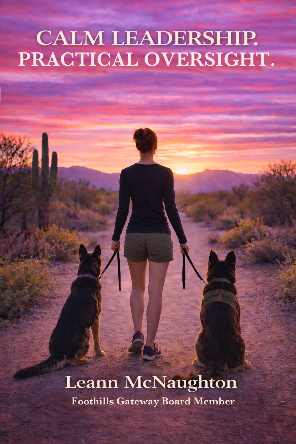 Leann McNaughton walking two German Shepherds at sunset
