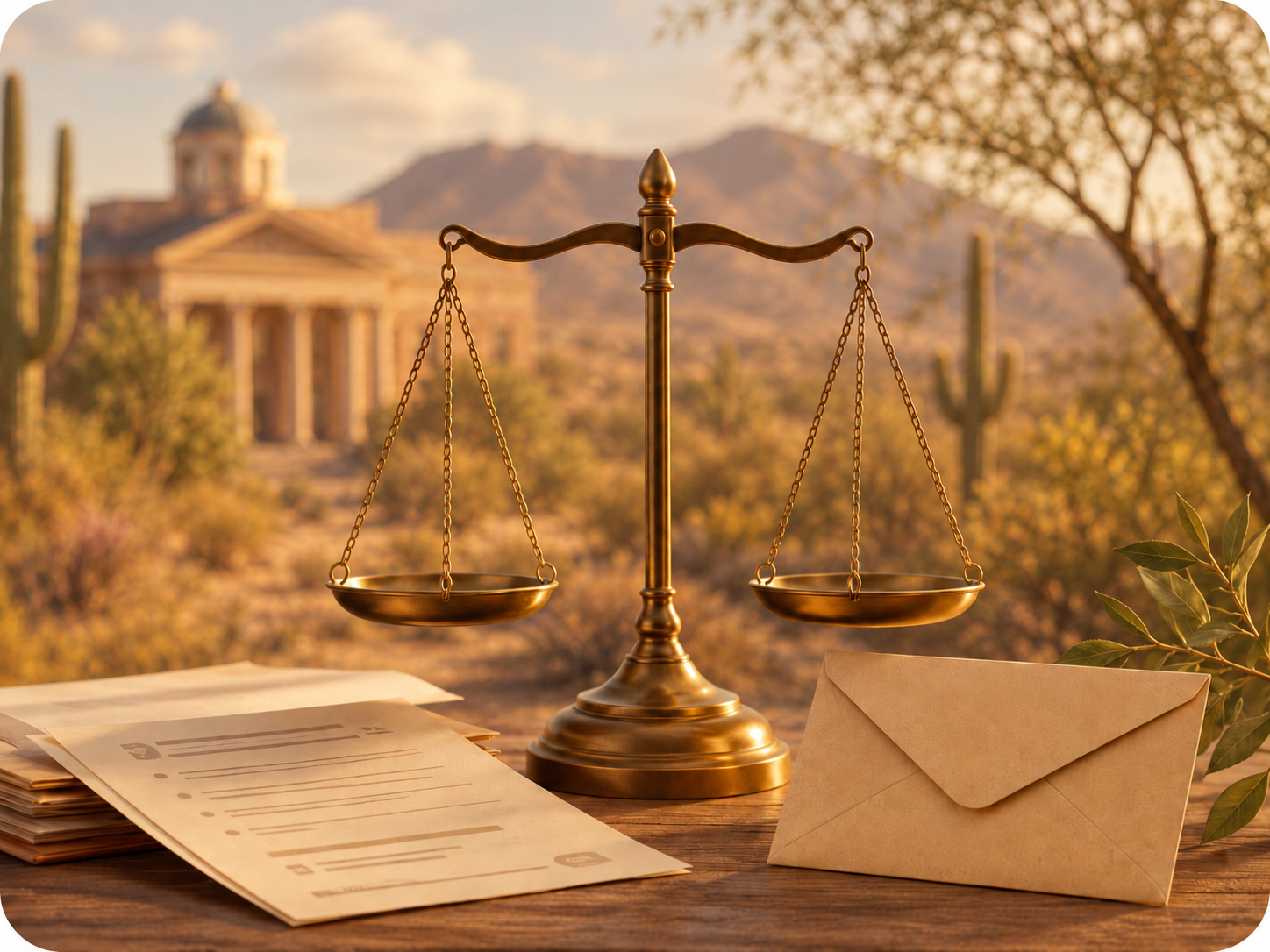 Scales of justice with documents and an envelope in a desert-themed setting