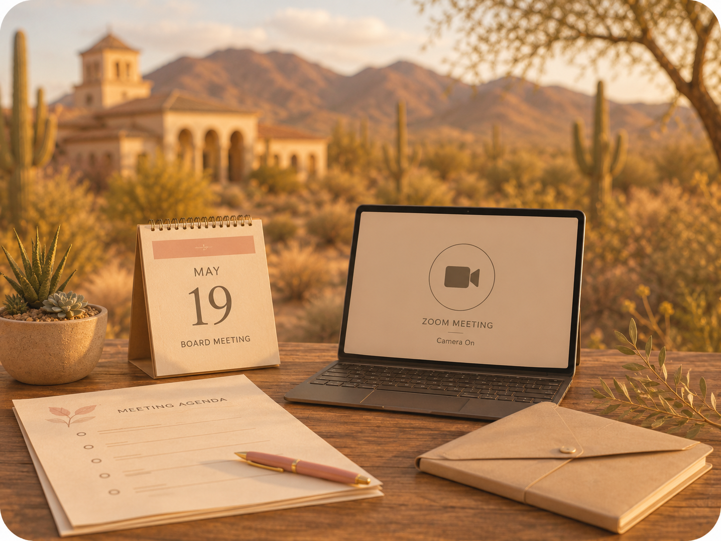 Meeting reminder image with a May 19 calendar, agenda, and laptop in a desert-themed setting